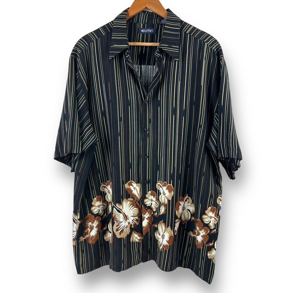 Puritan Black and Brown Hawaiian Aloha Floral Print Mens Shirt Size L